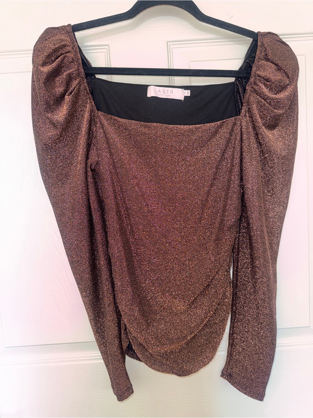 Astr Metallic Brown Square-Neck Puff Sleeve Top